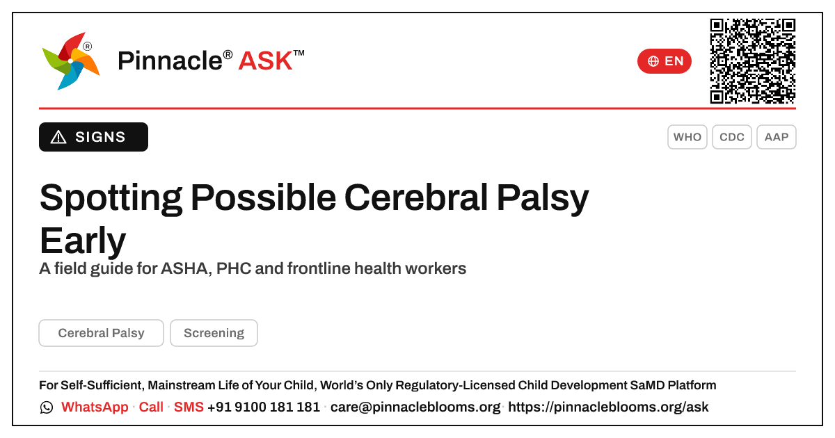 How a Frontline Health Worker Can Spot Possible Cerebral Palsy Early — Pinnacle Ask answer card with a short explanation and QR link