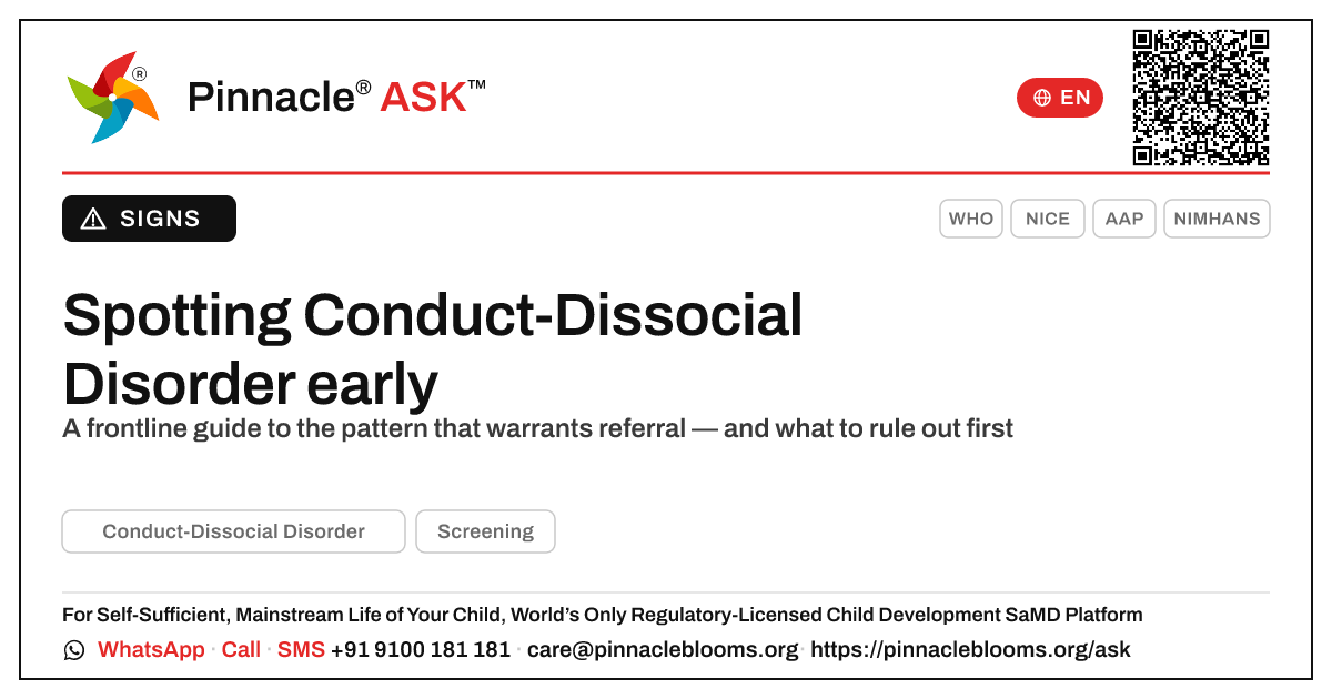 Spotting Conduct-Dissocial Disorder early — Pinnacle Ask answer card with a short explanation and QR link