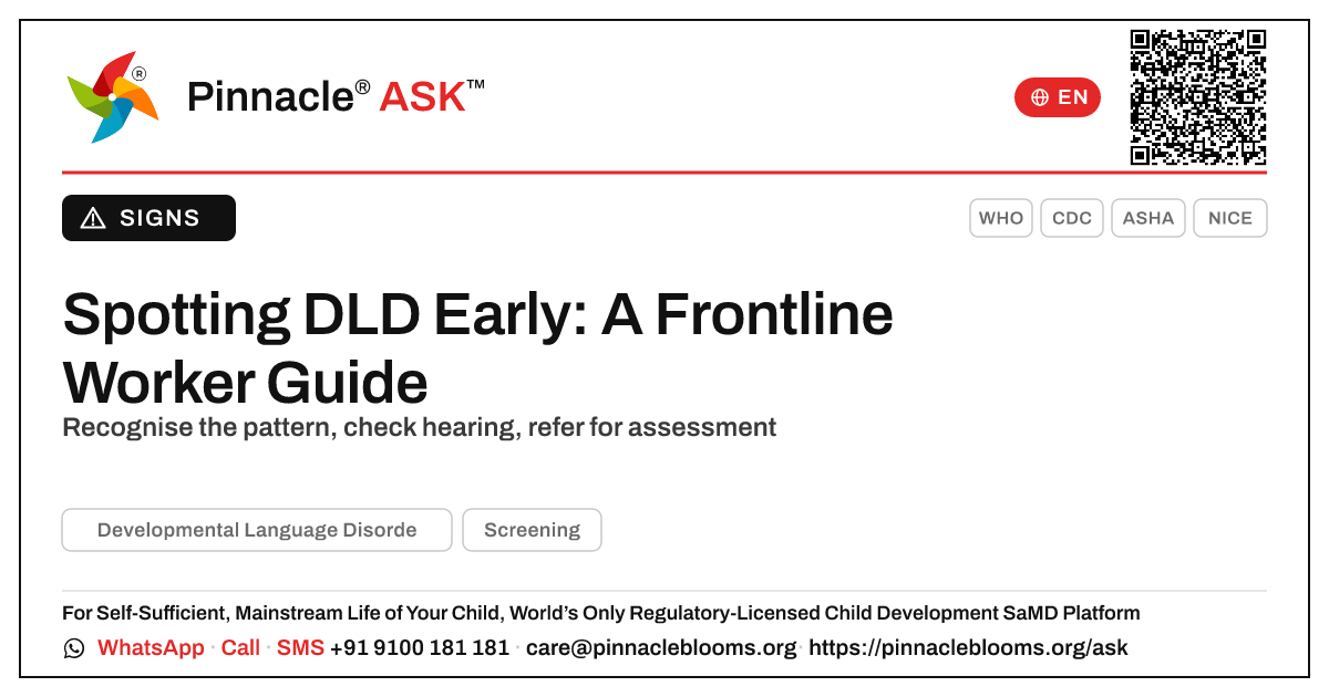 How a Frontline Health Worker Can Spot Possible DLD Early — Pinnacle Ask answer card with a short explanation and QR link