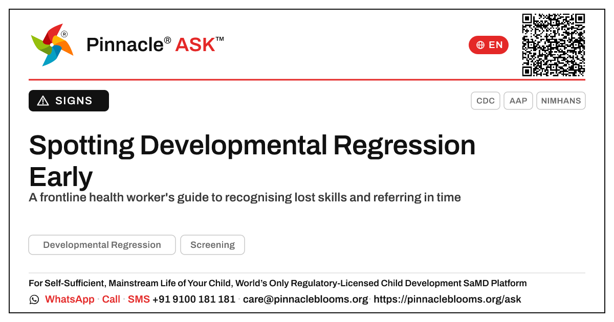 Spotting Developmental Regression Early — Pinnacle Ask answer card with a short explanation and QR link