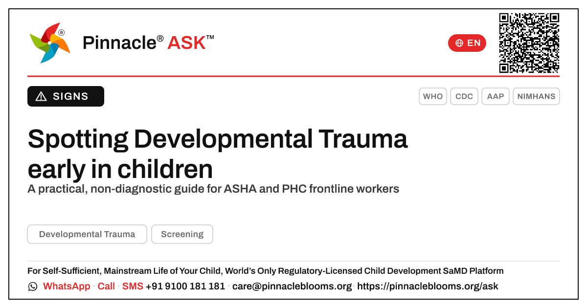 How a frontline health worker can spot Developmental Trauma early — Pinnacle Ask answer card with a short explanation and QR link