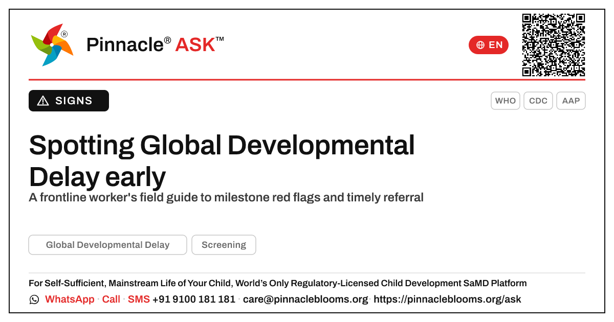 How frontline health workers spot Global Developmental Delay early — Pinnacle Ask answer card with a short explanation and QR link