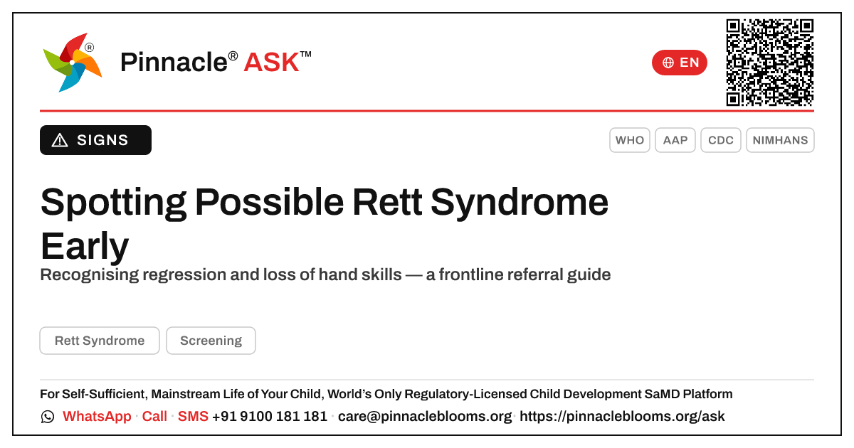 Spotting Possible Rett Syndrome Early — Pinnacle Ask answer card with a short explanation and QR link