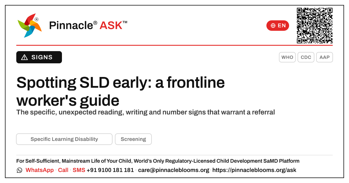 How a frontline health worker can spot possible SLD early — Pinnacle Ask answer card with a short explanation and QR link