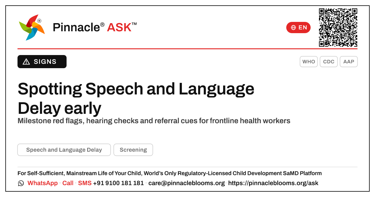 Spotting Speech and Language Delay early — Pinnacle Ask answer card with a short explanation and QR link