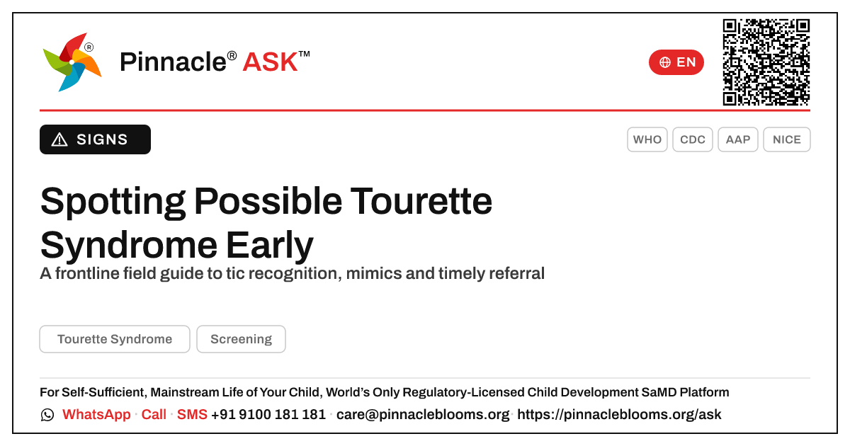 Spotting Possible Tourette Syndrome Early — Pinnacle Ask answer card with a short explanation and QR link