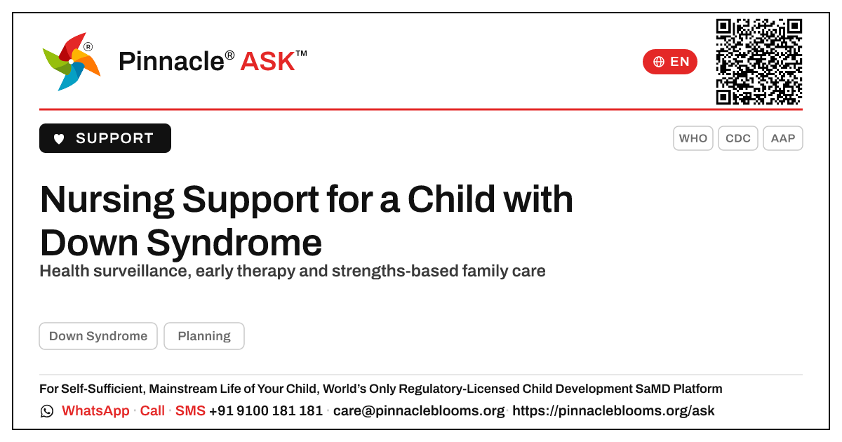 How a Nurse Can Support a Child with Down Syndrome and Their Family — Pinnacle Ask answer card with a short explanation and QR link