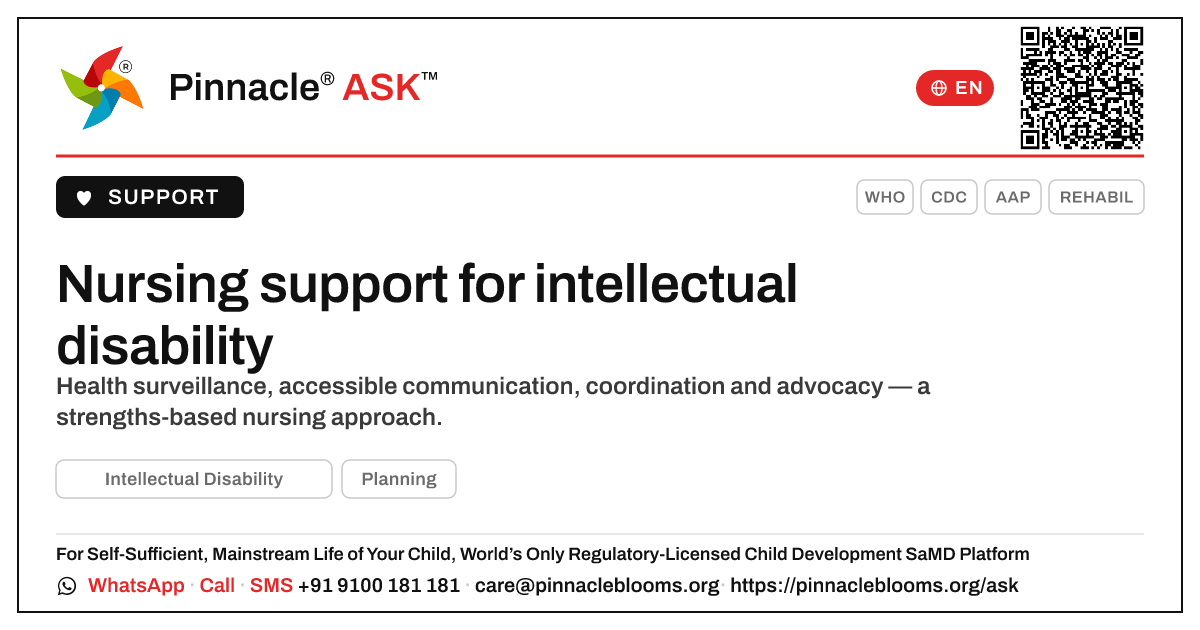 How can a nurse support a child with Intellectual Disability and their family? — Pinnacle Ask answer card with a short explanation and QR link