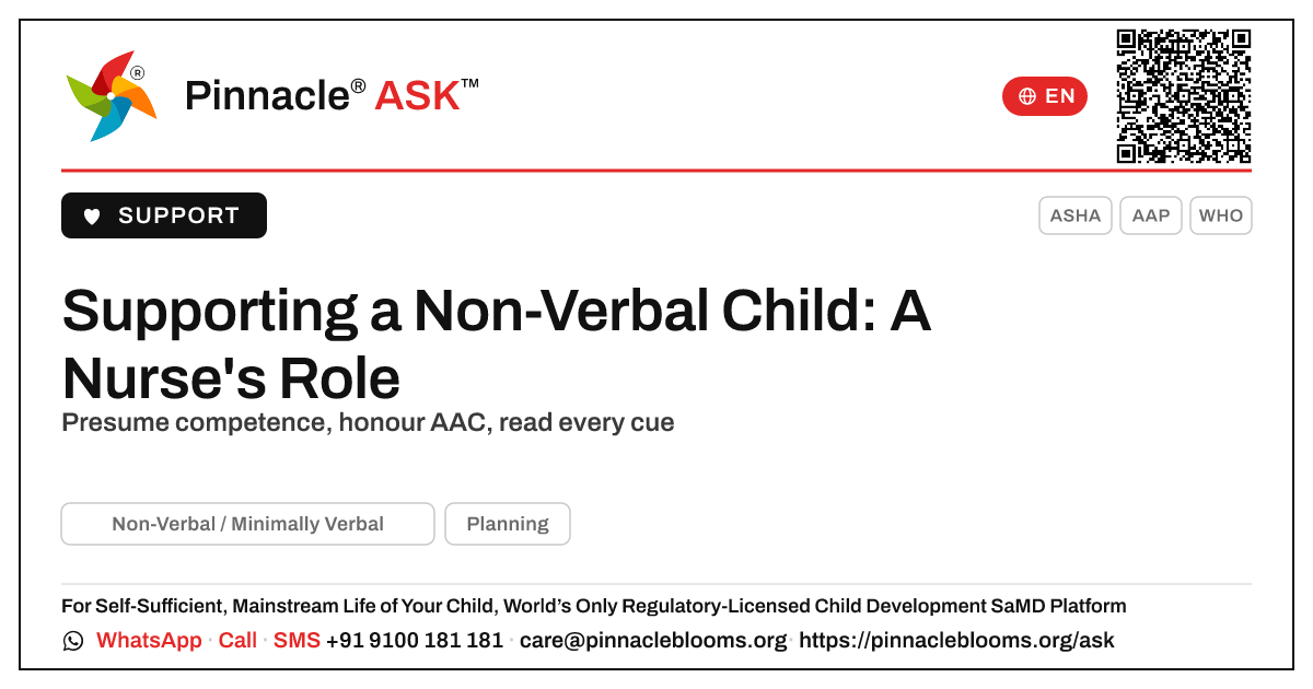 How a Nurse Can Support a Non-Verbal or Minimally Verbal Child — Pinnacle Ask answer card with a short explanation and QR link