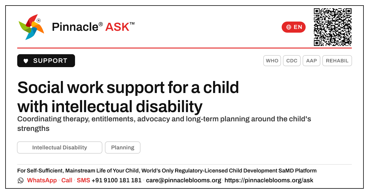 Supporting families raising a child with intellectual disability — Pinnacle Ask answer card with a short explanation and QR link