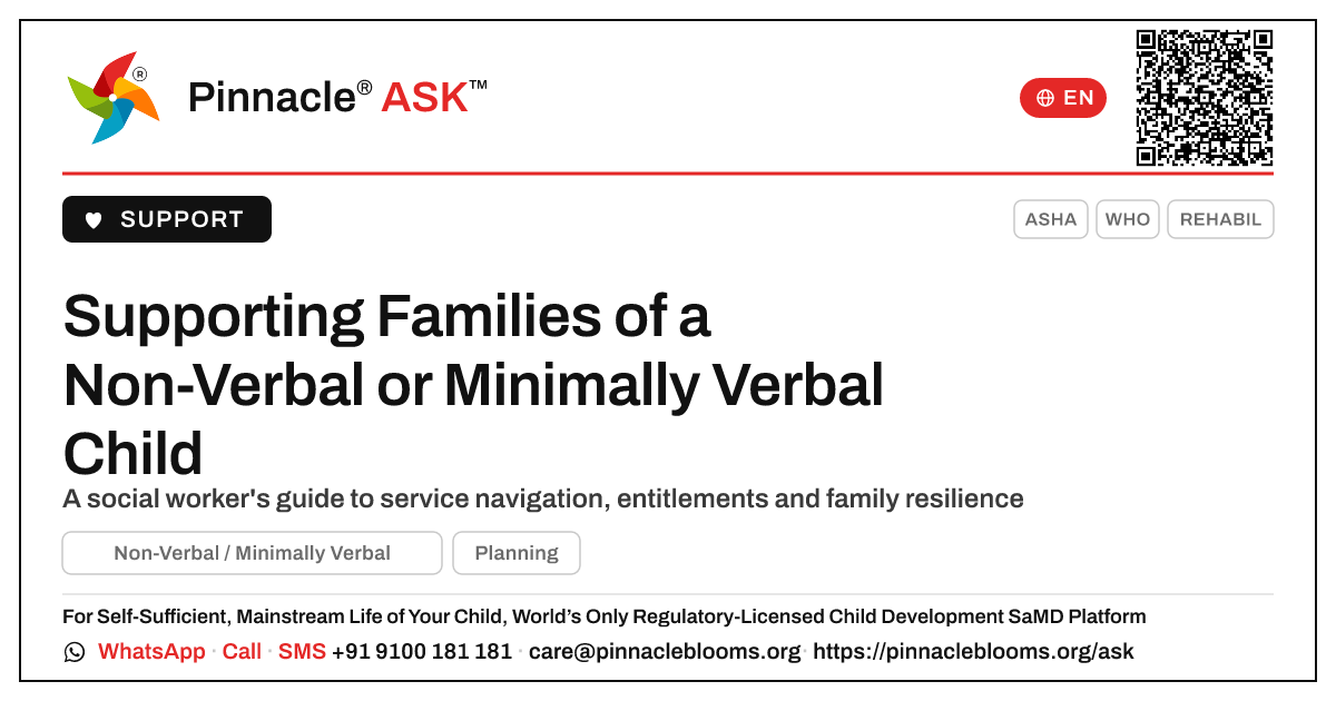 How a social worker can support a family raising a non-verbal or minimally verbal child — Pinnacle Ask answer card with a short explanation and QR link