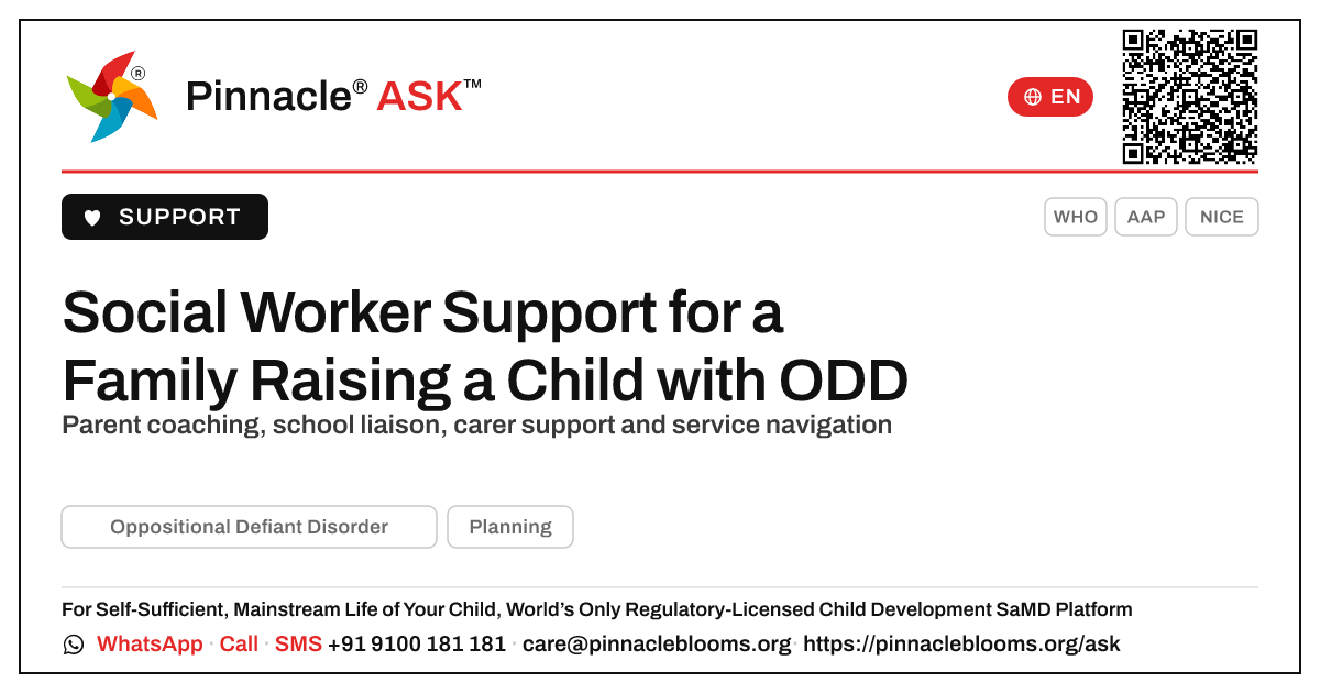 How a social worker can support a family raising a child with ODD — Pinnacle Ask answer card with a short explanation and QR link