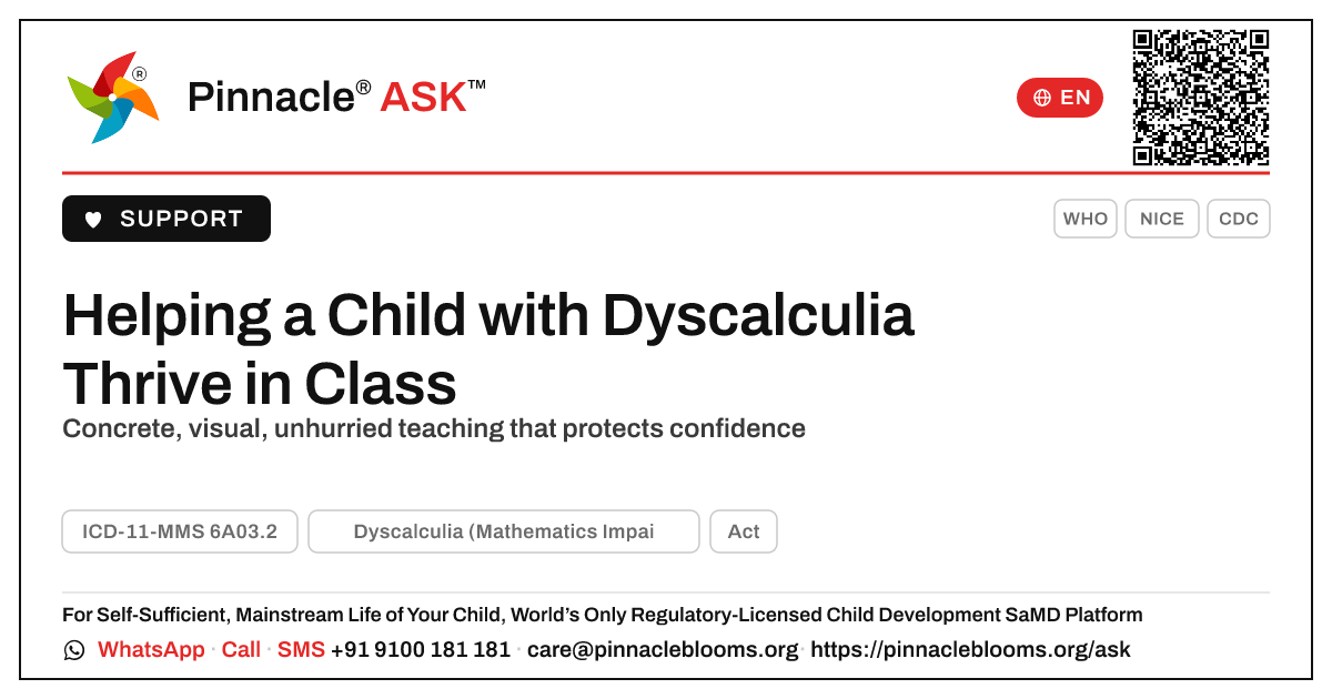 How a teacher can include and support a child with dyscalculia — Pinnacle Ask answer card with a short explanation and QR link