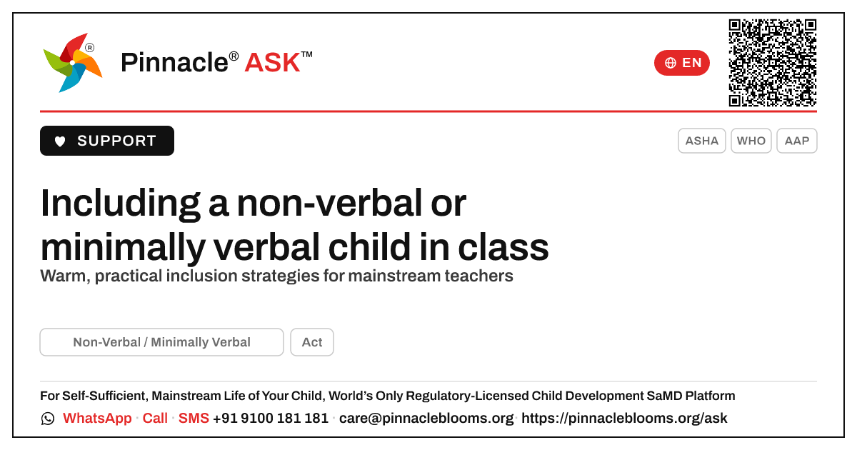 How a teacher can include a non-verbal or minimally verbal child — Pinnacle Ask answer card with a short explanation and QR link