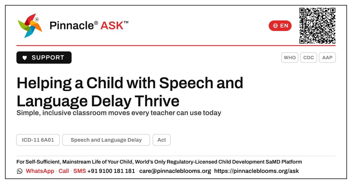 Including a Child with Speech and Language Delay in Class — Pinnacle Ask answer card with a short explanation and QR link