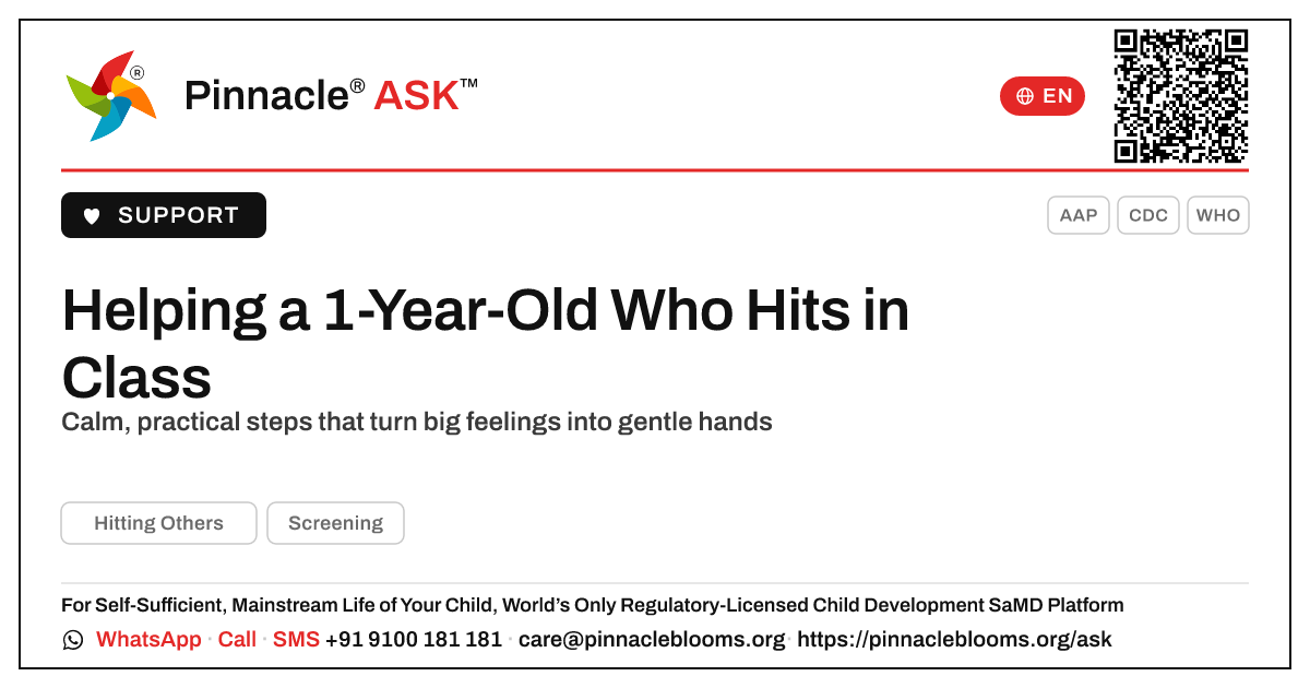 How can a teacher support a 1-year-old who hits others in class? — Pinnacle Ask answer card with a short explanation and QR link