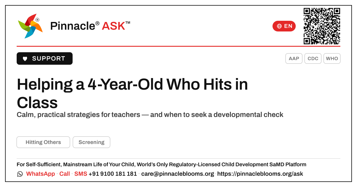 How a Teacher Can Support a 4-Year-Old Who Hits in Class — Pinnacle Ask answer card with a short explanation and QR link