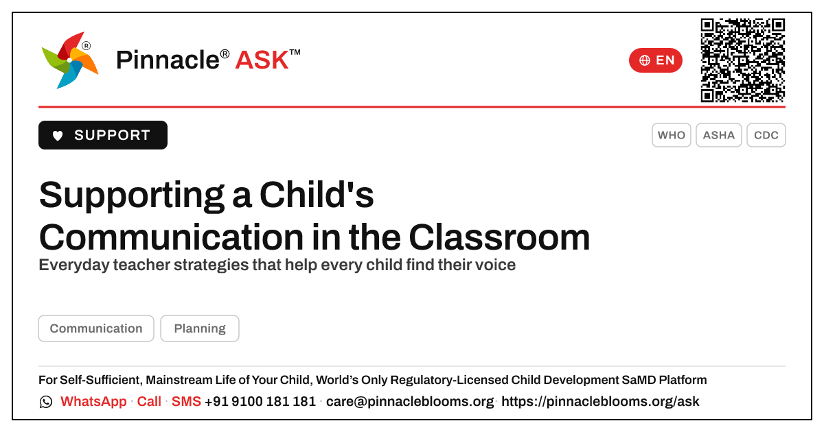 How can a teacher support a child's communication development in the classroom? — Pinnacle Ask answer card with a short explanation and QR link