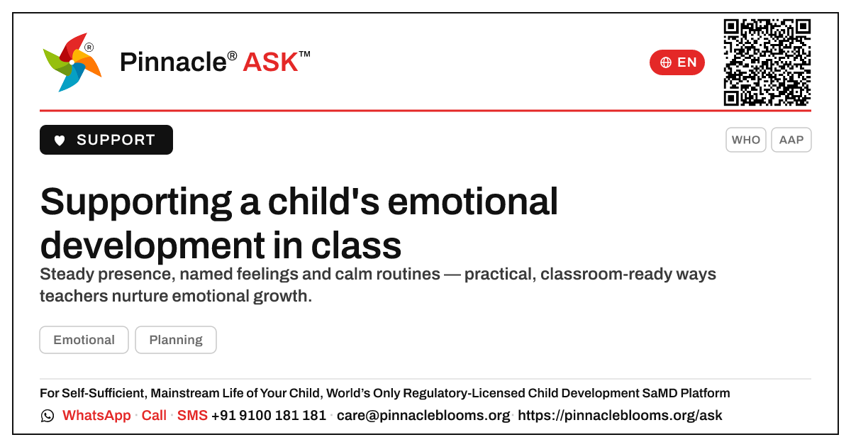 How can a teacher support a child's emotional development in the classroom? — Pinnacle Ask answer card with a short explanation and QR link