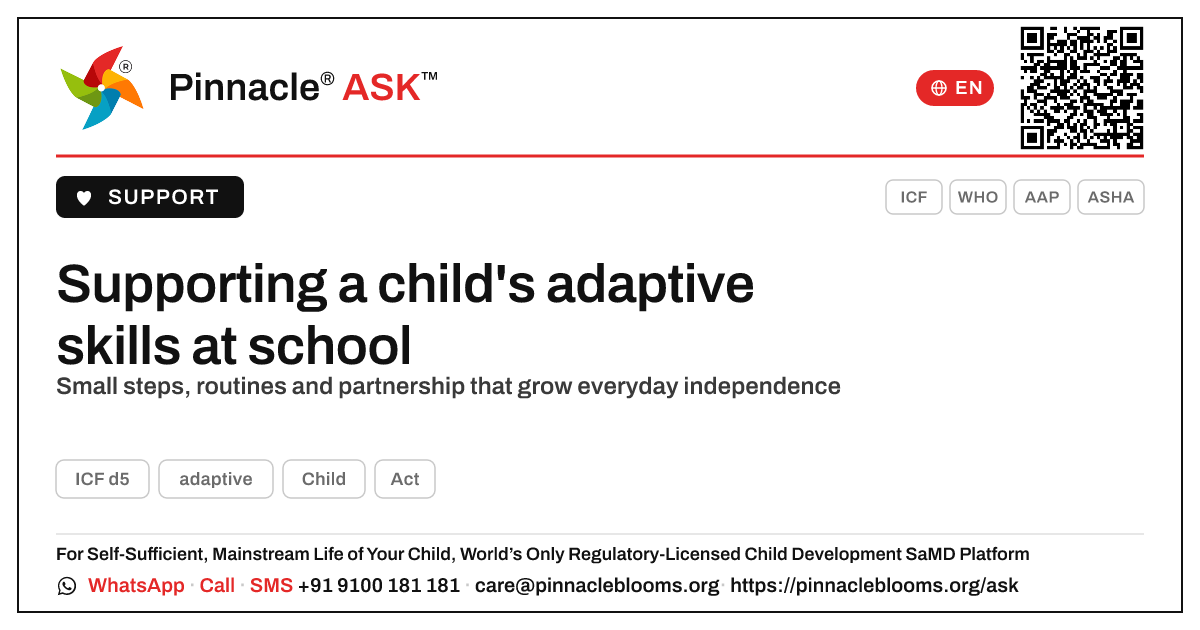 How can a teacher support a child working on adaptive skills? — Pinnacle Ask answer card with a short explanation and QR link