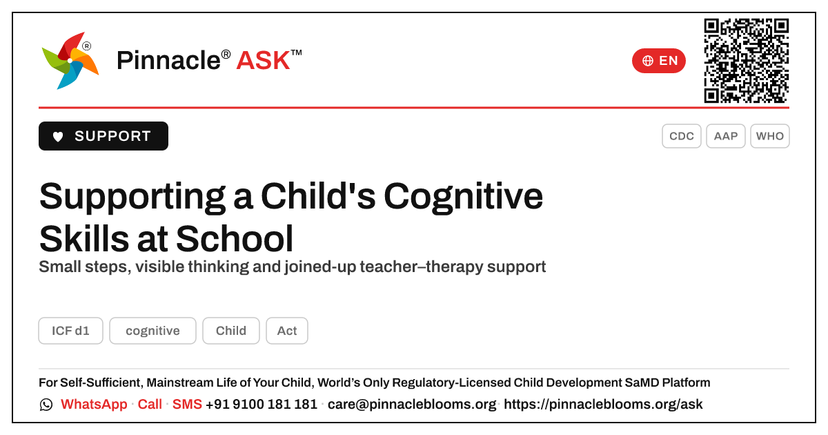 How a Teacher Can Support a Child's Cognitive Skills — Pinnacle Ask answer card with a short explanation and QR link