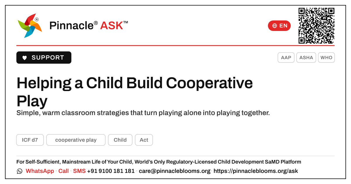 How can a teacher support a child working on cooperative play? — Pinnacle Ask answer card with a short explanation and QR link