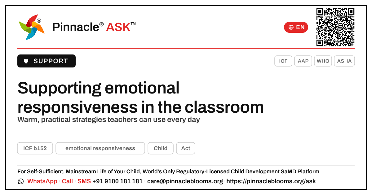 How a teacher can support emotional responsiveness — Pinnacle Ask answer card with a short explanation and QR link