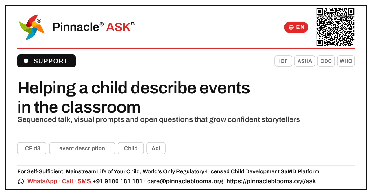 How can a teacher support a child working on event description? — Pinnacle Ask answer card with a short explanation and QR link