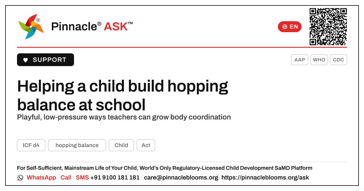 How can a teacher support a child working on hopping balance? — Pinnacle Ask answer card with a short explanation and QR link