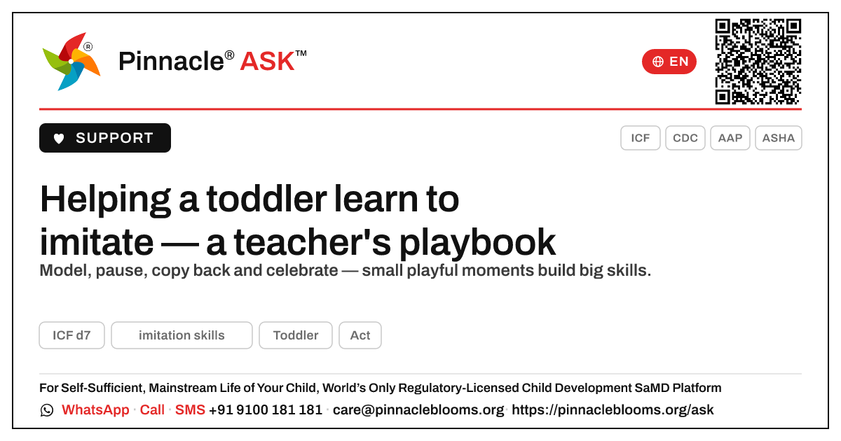 How can a teacher support a child working on imitation skills? — Pinnacle Ask answer card with a short explanation and QR link