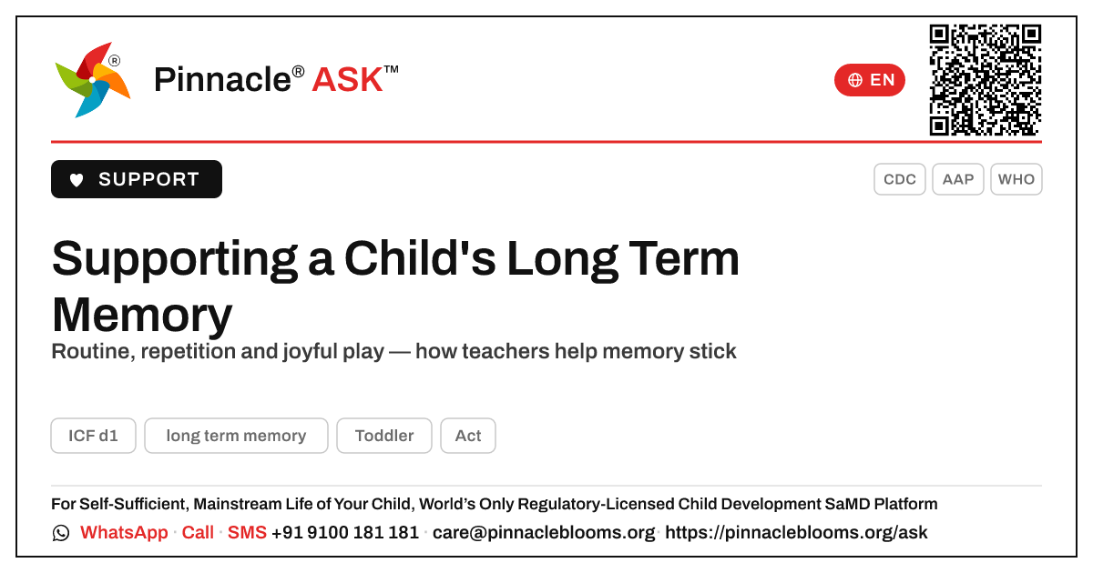 How a Teacher Can Support a Child's Long Term Memory — Pinnacle Ask answer card with a short explanation and QR link