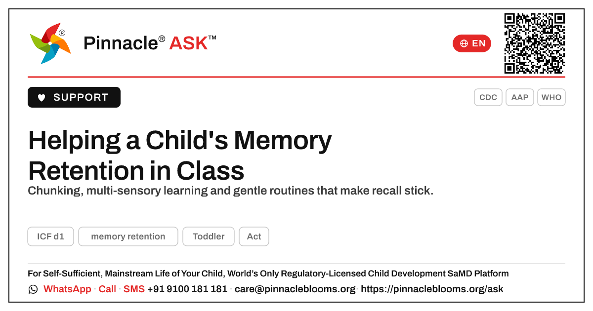 How can a teacher support a child working on memory retention? — Pinnacle Ask answer card with a short explanation and QR link