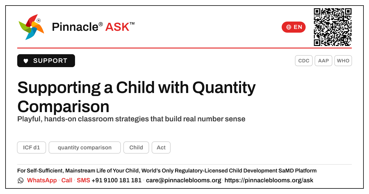 How can a teacher support a child working on quantity comparison? — Pinnacle Ask answer card with a short explanation and QR link