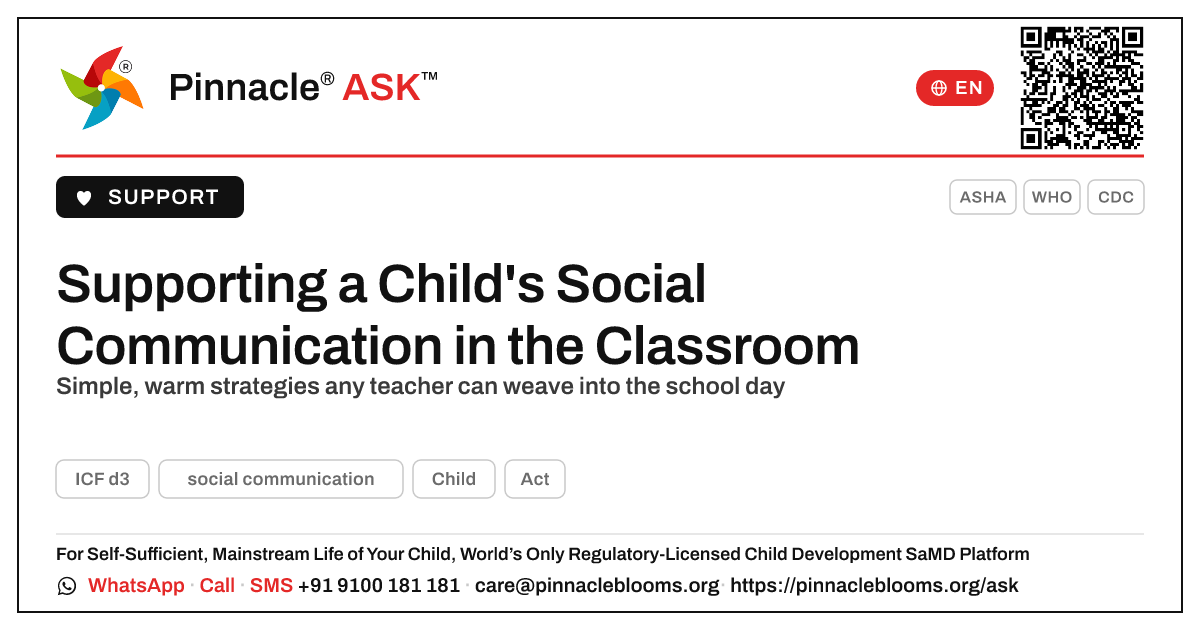 How can a teacher support a child working on social communication? — Pinnacle Ask answer card with a short explanation and QR link