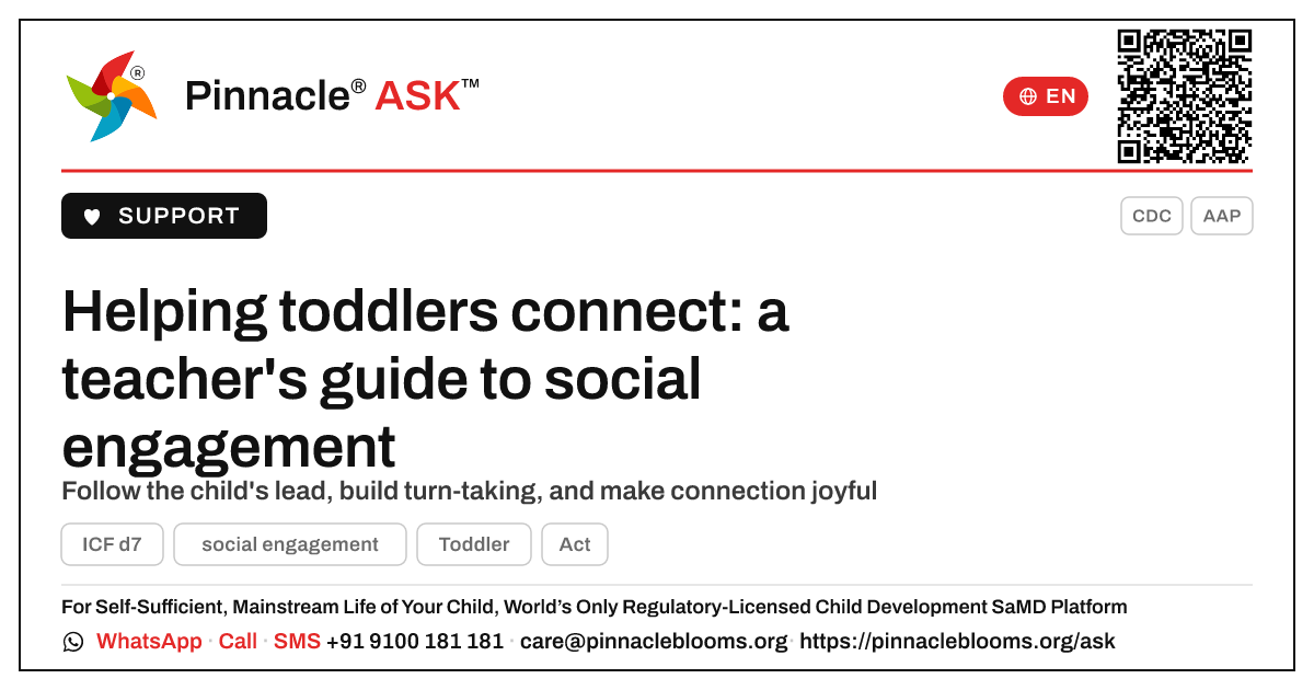 How can a teacher support a child working on social engagement? — Pinnacle Ask answer card with a short explanation and QR link