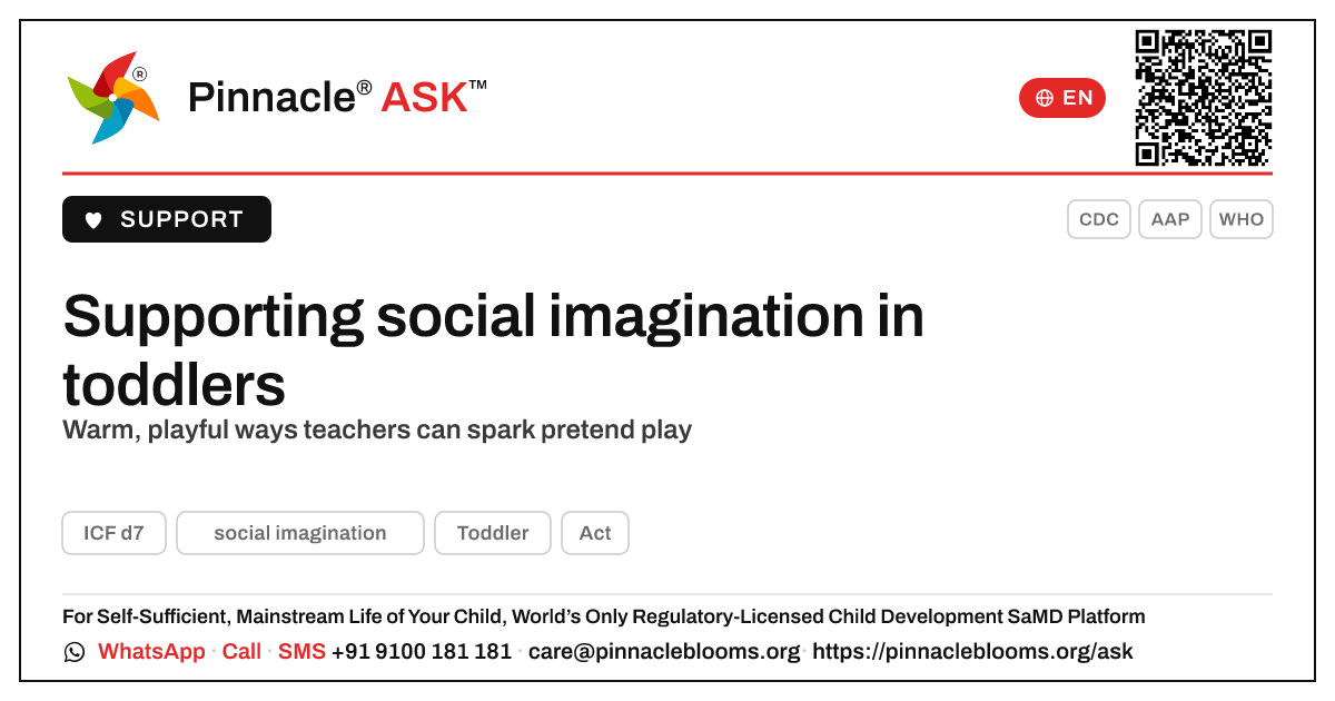 How can a teacher support a child working on social imagination? — Pinnacle Ask answer card with a short explanation and QR link