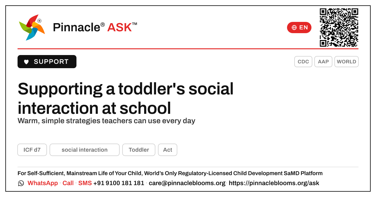 How can a teacher support a child working on social interaction? — Pinnacle Ask answer card with a short explanation and QR link