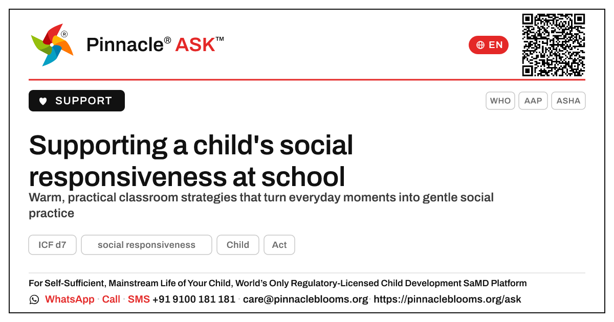 How can a teacher support a child working on social responsiveness? — Pinnacle Ask answer card with a short explanation and QR link