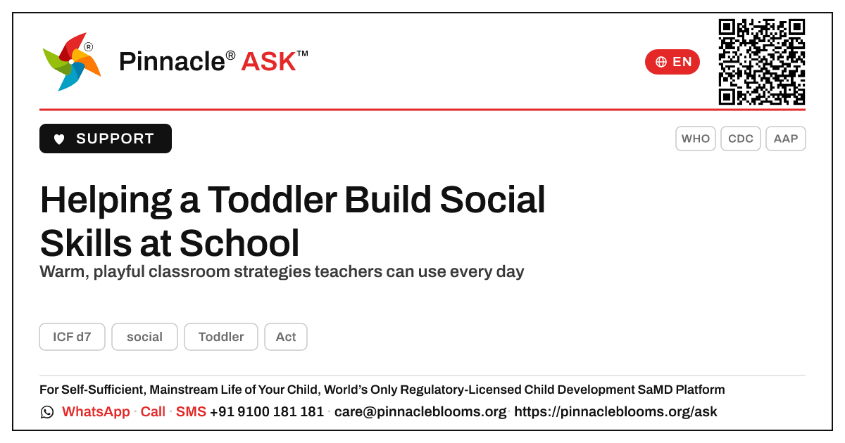 How a Teacher Can Support a Toddler's Social Skills — Pinnacle Ask answer card with a short explanation and QR link
