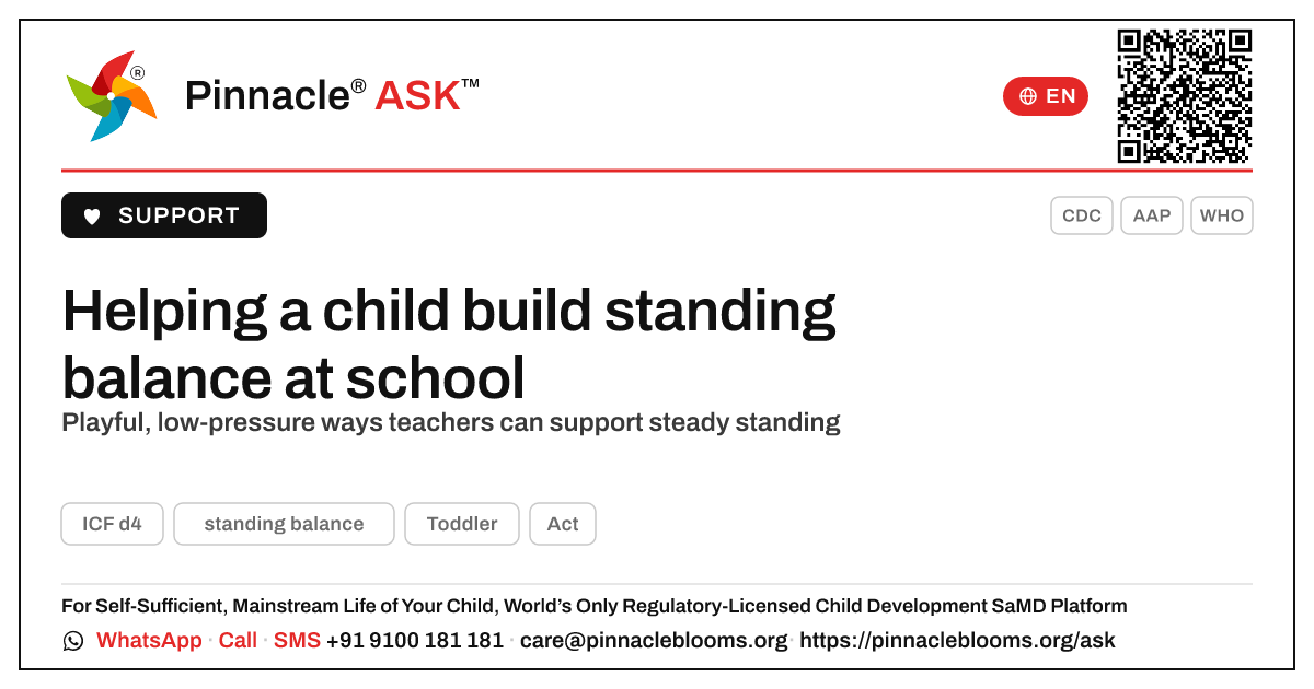 How can a teacher support a child working on standing balance? — Pinnacle Ask answer card with a short explanation and QR link