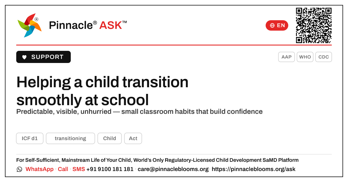 How can a teacher support a child working on transitioning? — Pinnacle Ask answer card with a short explanation and QR link