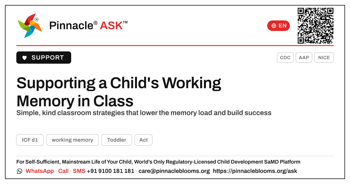How can a teacher support a child working on working memory? — Pinnacle Ask answer card with a short explanation and QR link