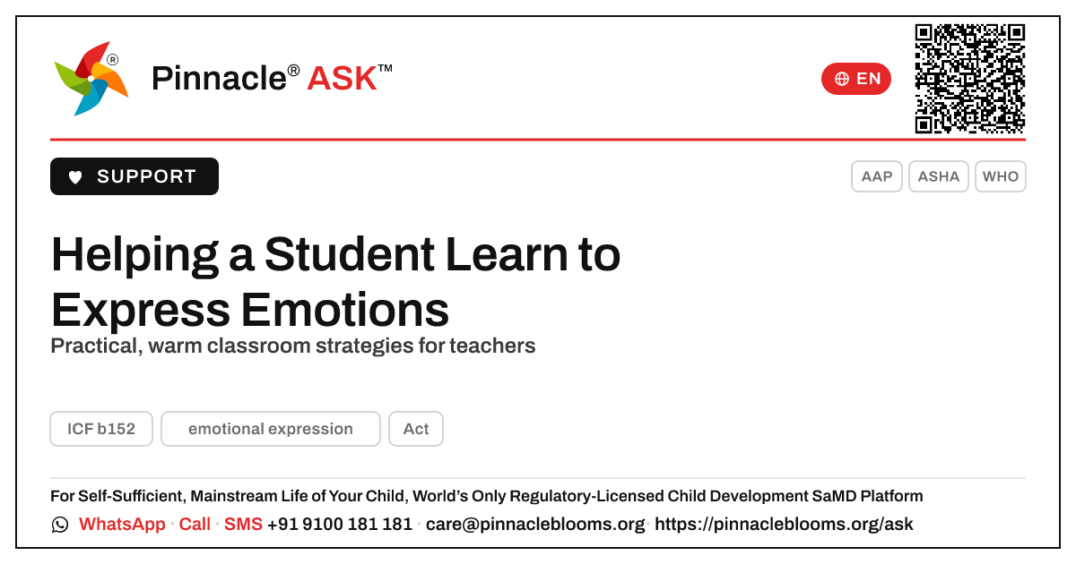 How can a teacher support a student learning emotional expression? — Pinnacle Ask answer card with a short explanation and QR link