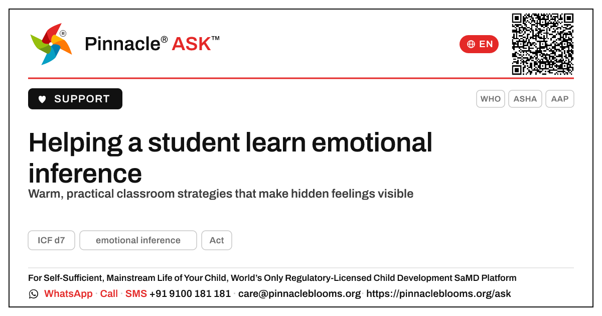 How a teacher can support emotional inference — Pinnacle Ask answer card with a short explanation and QR link