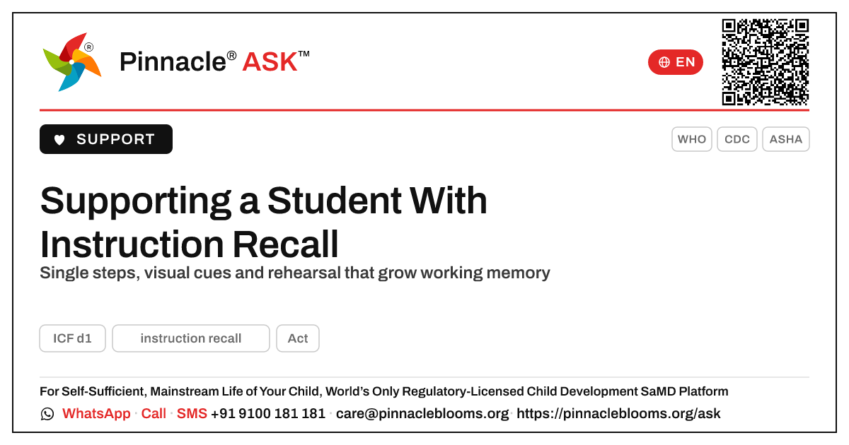 How a Teacher Can Support a Student Learning Instruction Recall — Pinnacle Ask answer card with a short explanation and QR link