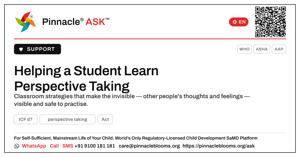 How can a teacher support a student who is still learning to perspective taking? — Pinnacle Ask answer card with a short explanation and QR link