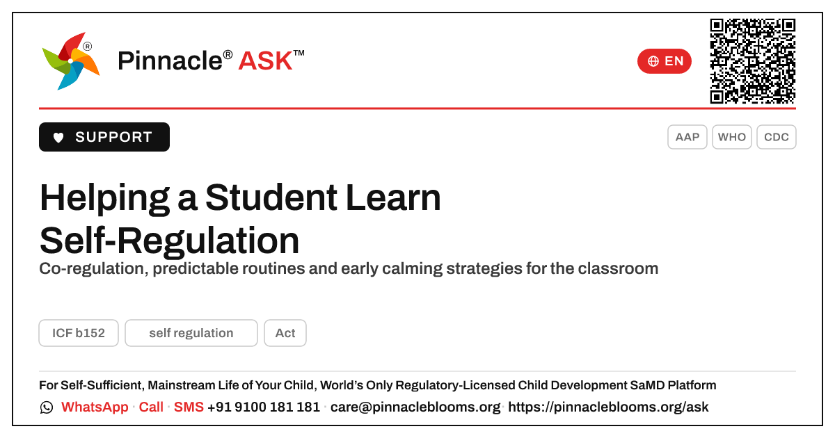 How a Teacher Can Support a Student Learning Self-Regulation — Pinnacle Ask answer card with a short explanation and QR link
