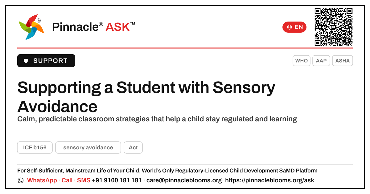 How can a teacher support a student with sensory avoidance? — Pinnacle Ask answer card with a short explanation and QR link