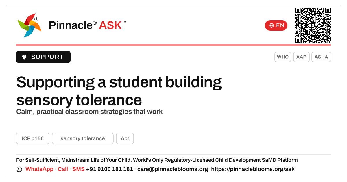 How a teacher can support sensory tolerance in the classroom — Pinnacle Ask answer card with a short explanation and QR link