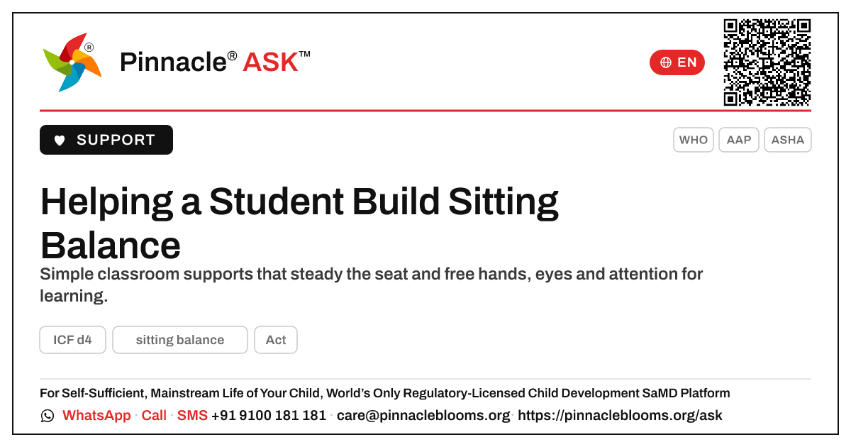 How a Teacher Can Support Sitting Balance — Pinnacle Ask answer card with a short explanation and QR link